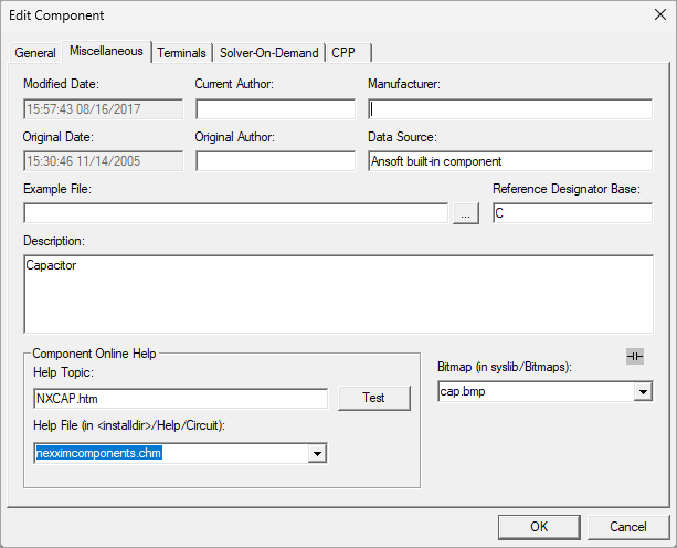Edit Component window, Miscellaneous tab.